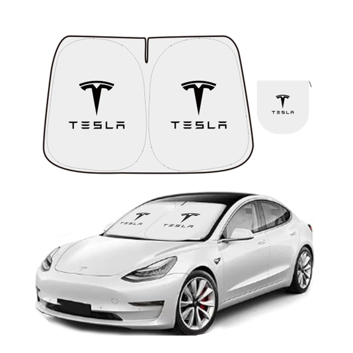300T Sunshade for Tesla Model Y Model 3, Car Accessories 2025 for Tesla, Front Window Sunshade with Organizer Bag, Gifts for Tesla Owners (Black)