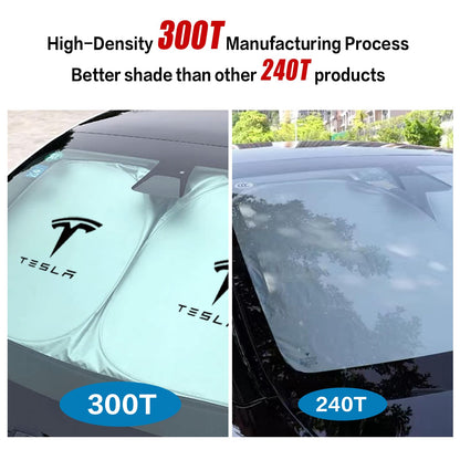 300T Sunshade for Tesla Model Y Model 3, Car Accessories 2025 for Tesla, Front Window Sunshade with Organizer Bag, Gifts for Tesla Owners (Black)