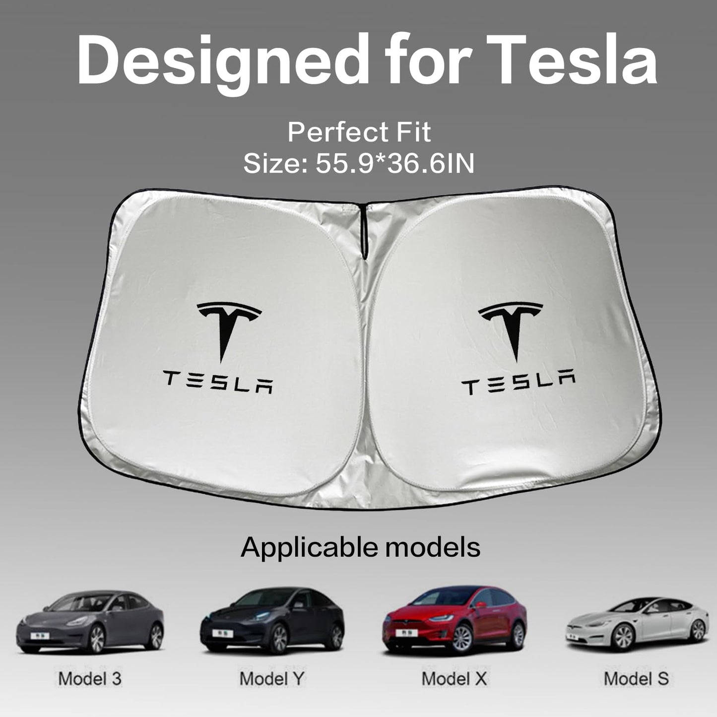 300T Sunshade for Tesla Model Y Model 3, Car Accessories 2025 for Tesla, Front Window Sunshade with Organizer Bag, Gifts for Tesla Owners (Black)