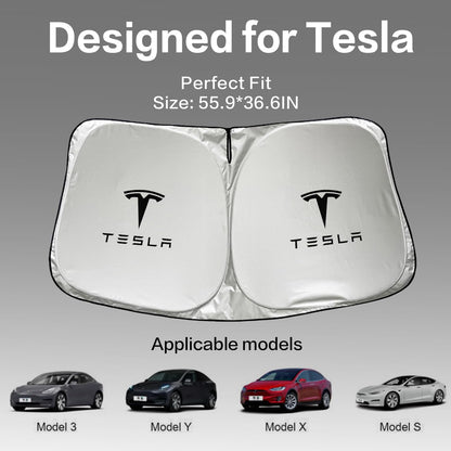 300T Sunshade for Tesla Model Y Model 3, Car Accessories 2025 for Tesla, Front Window Sunshade with Organizer Bag, Gifts for Tesla Owners (Black)