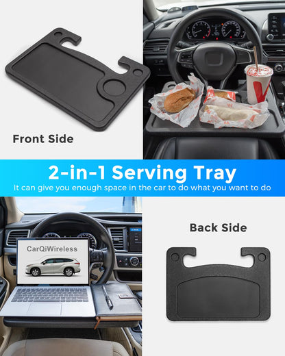 CarQiWireless Auto Steering Wheel Desk for Tesla Model 3 Model Y S X (Not for Yoke), Hollow Steering Wheel Tray for Laptop, Tablet, iPad, Or Notebook - Car Travel Table with Food Hook and Eating Tray