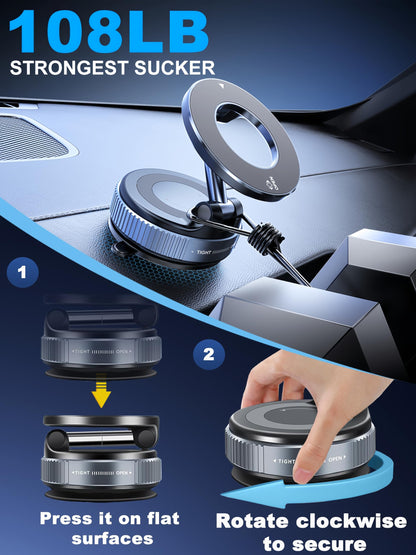 Upgraded 360° Nano Gel Vacuum Magnetic Phone Holder, Car Phone Holder for Magsafe[108+LBS Strongest Suction & 3000gf Strongest Magnetic], Suction Cup Phone Mount for Car/for iPhone 16 Pro Max