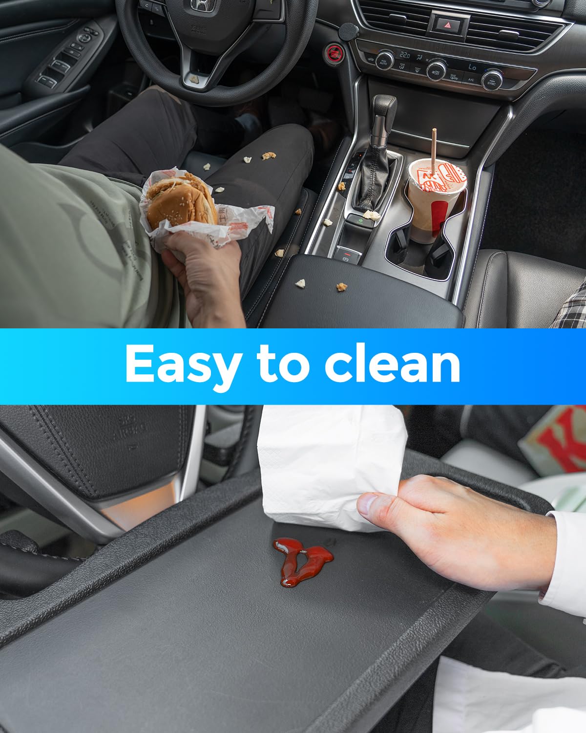 CarQiWireless Auto Steering Wheel Desk for Tesla Model 3 Model Y S X (Not for Yoke), Hollow Steering Wheel Tray for Laptop, Tablet, iPad, Or Notebook - Car Travel Table with Food Hook and Eating Tray