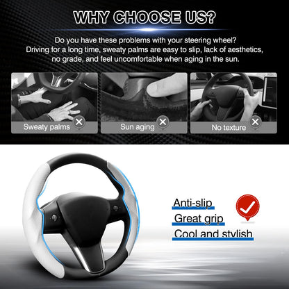 Steering Wheel Cover for Telsa Model 3/Y 2016-2025 2026 Highland/Juniper Accessories Carbon Fiber Steering Wheel Cover Protector Non-Slip, Comfortable, Breathable, Model 3/Y Accessories, White