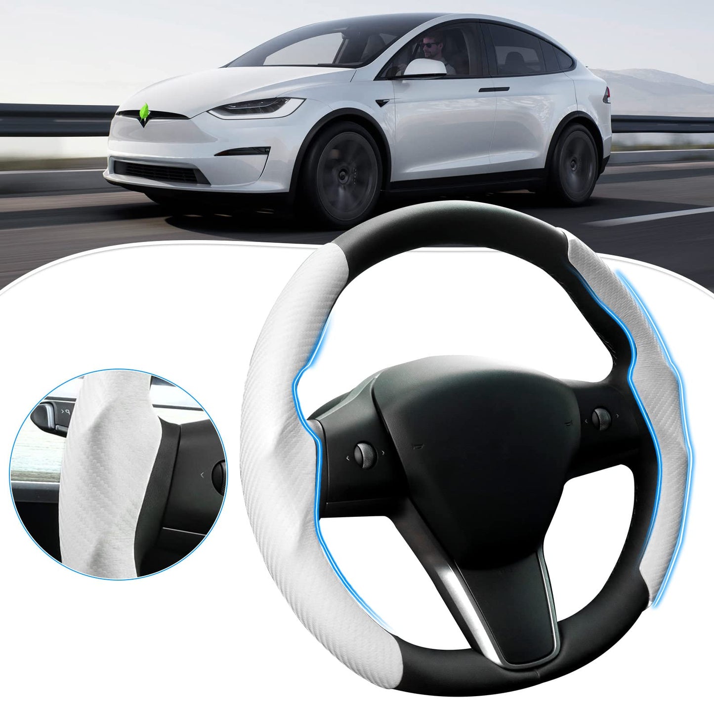 Steering Wheel Cover for Telsa Model 3/Y 2016-2025 2026 Highland/Juniper Accessories Carbon Fiber Steering Wheel Cover Protector Non-Slip, Comfortable, Breathable, Model 3/Y Accessories, White