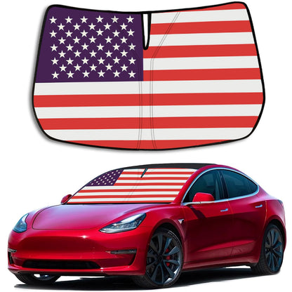 Upgrade Windshield Sun Shade with USA Flag for Tesla Model Y 2019-2023, Foldable Windshield Sun Visor Blocks UV Rays