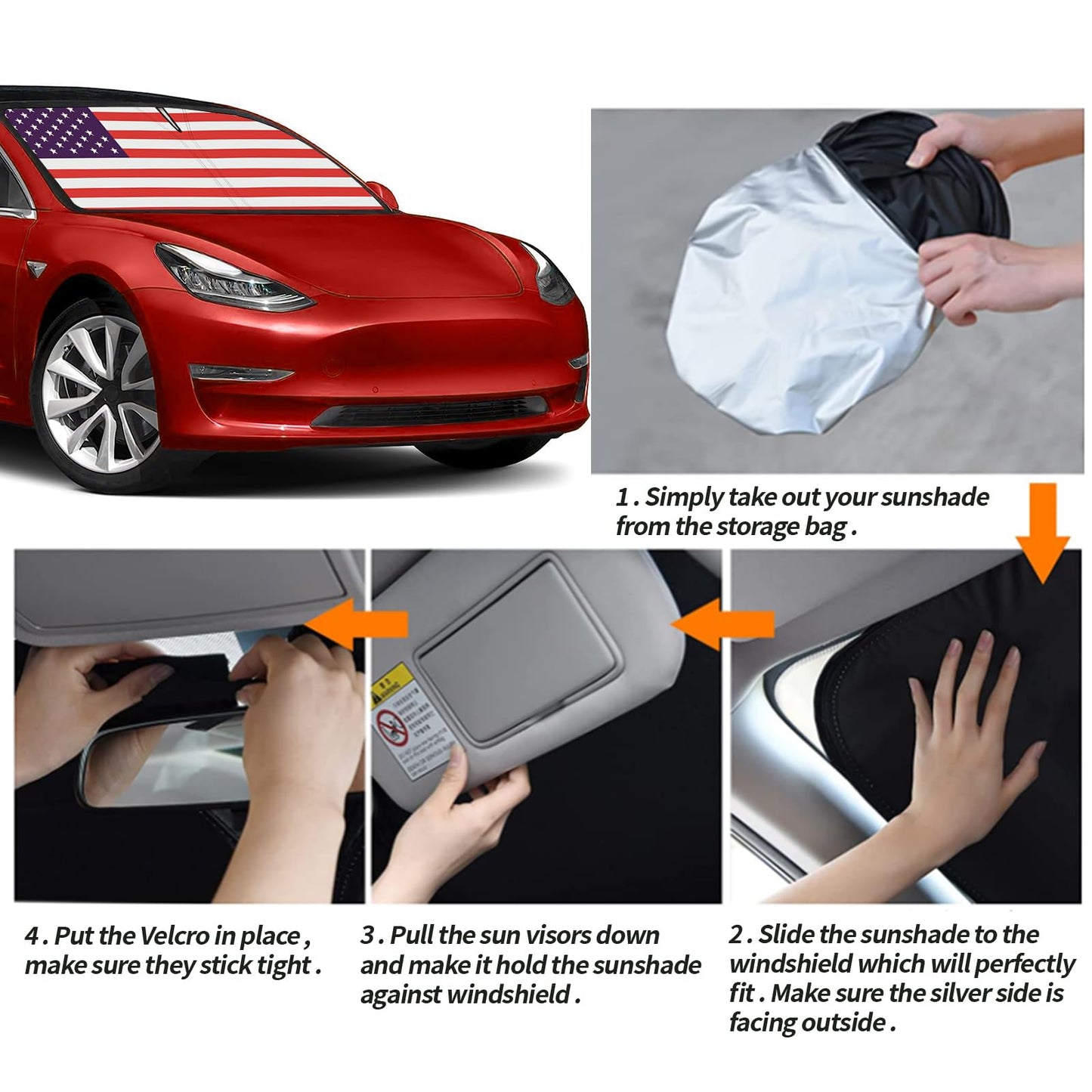 Upgrade Windshield Sun Shade with USA Flag for Tesla Model Y 2019-2023, Foldable Windshield Sun Visor Blocks UV Rays