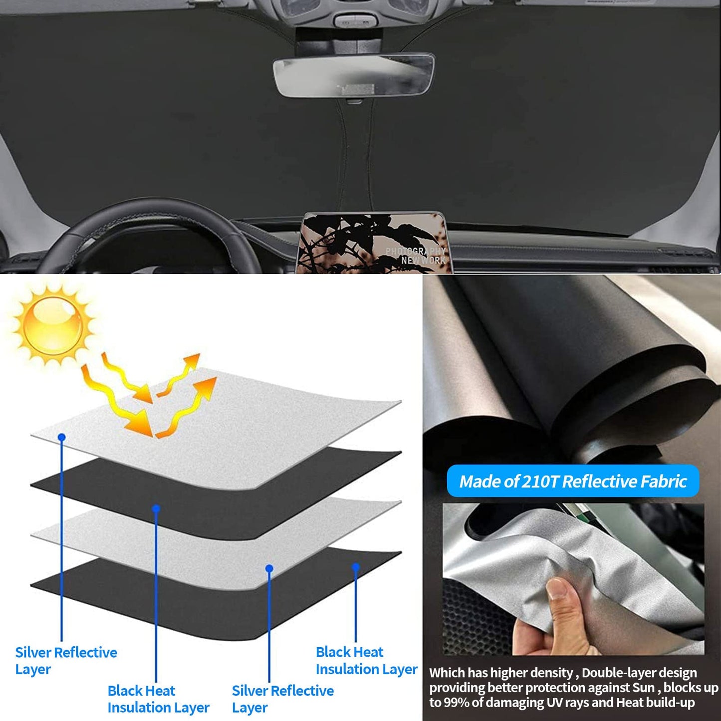 Upgrade Windshield Sun Shade with USA Flag for Tesla Model Y 2019-2023, Foldable Windshield Sun Visor Blocks UV Rays